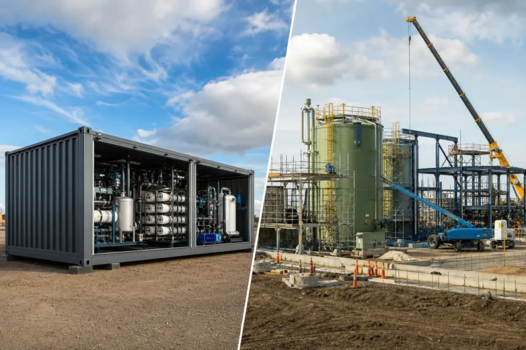 Visual de sistemas de tratamento containerizados versus instalações de tratamento construídas no local