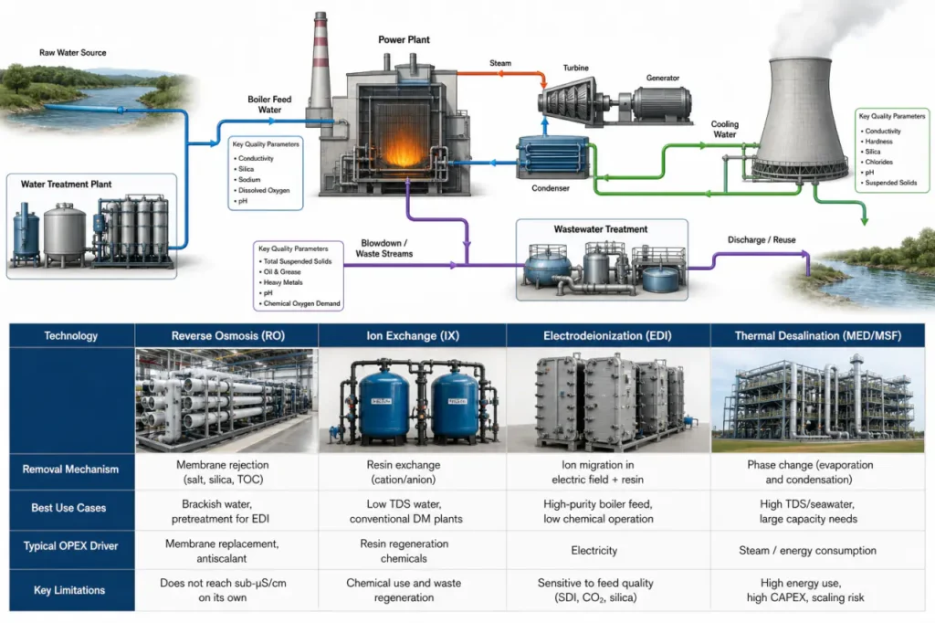Diagrama das aplicações de tratamento de água de usinas de energia e fluxos do sistema