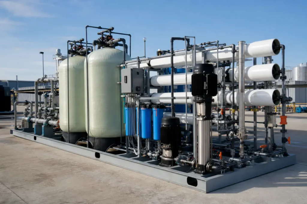 Sistema de tratamento de água industrial montado em skid instalado ao ar livre com conexões de tubulação