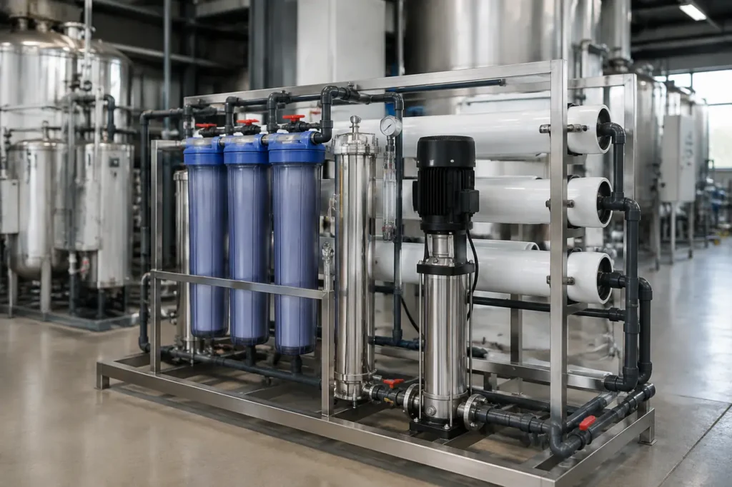 Sistema comercial de osmose reversa de 1000 GPD instalado em instalação industrial