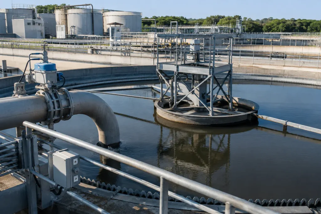 Equipamento de tratamento de clarificador para águas residuais industriais com detalhes de tubulação e inspeção de tanques