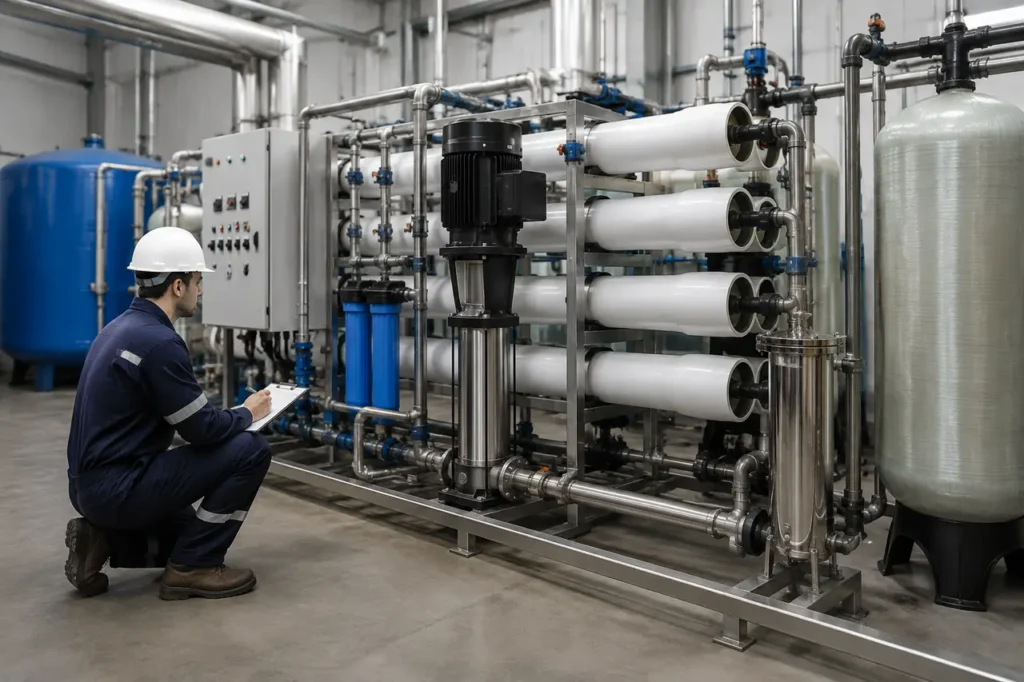 equipamento de tratamento de sistema de osmose reversa comercial com detalhes de tubulação de tanques e inspeção