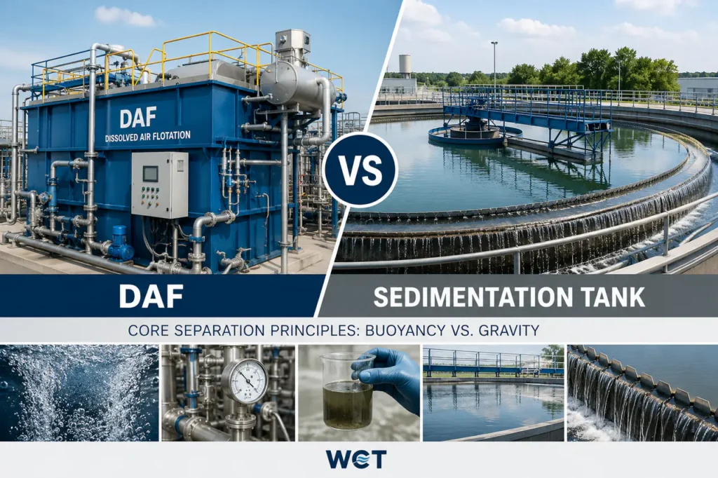 Equipamento de tratamento DAF versus tanque de sedimentação com detalhes de tubulação e inspeção de tanques