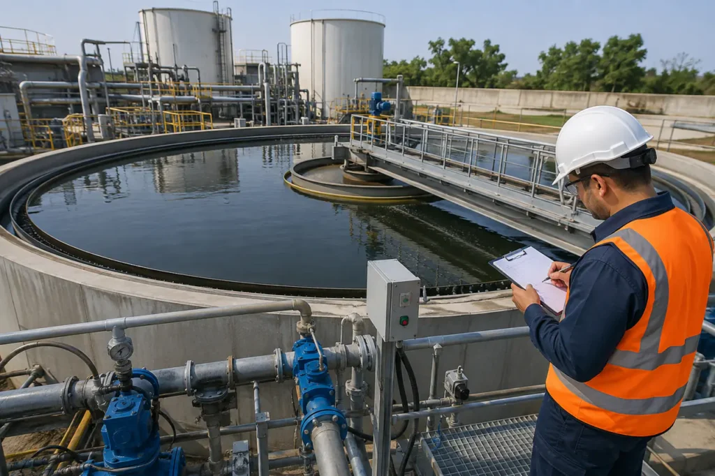 Equipamento de tratamento de clarificador de alta taxa com detalhes de tubulação e inspeção de tanques