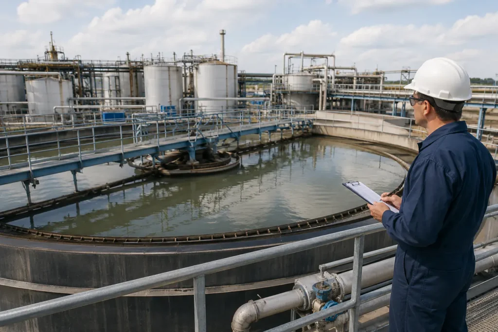 equipamento de tratamento de sistema de clarificador industrial com detalhes de tanques, tubulações e inspeções