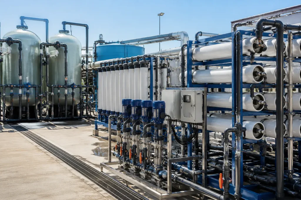 sistema de pré-tratamento de osmose reversa industrial com equipamentos de filtração e dosagem química