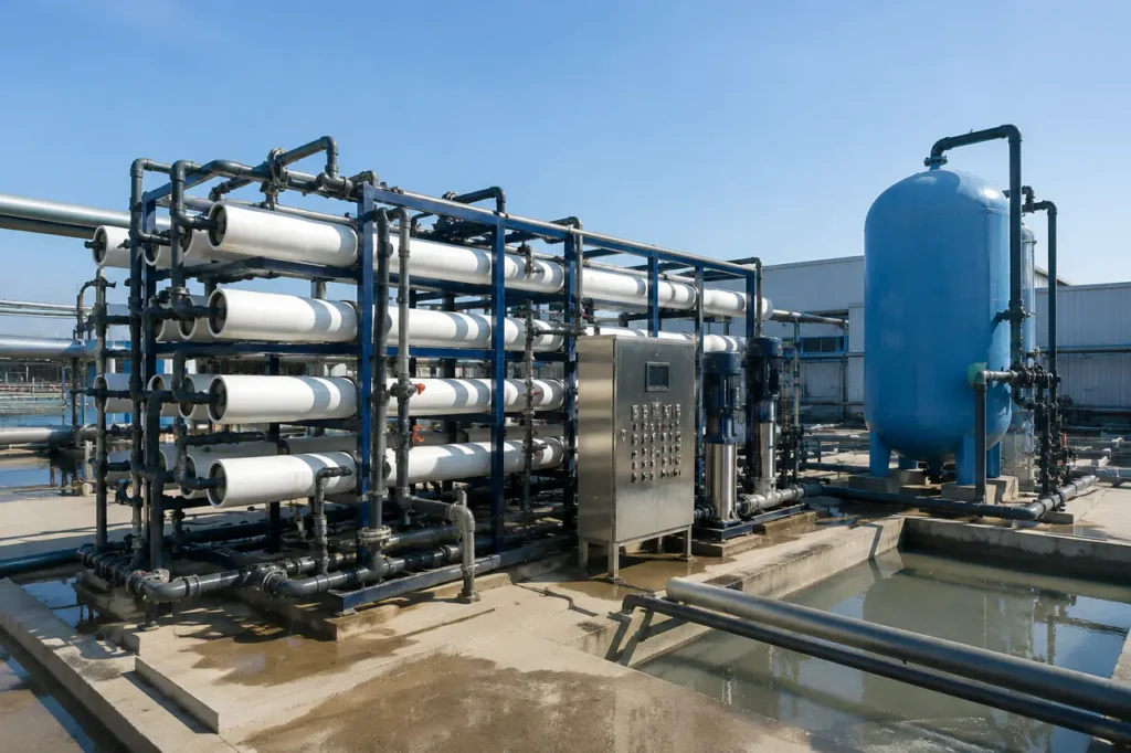 Sistema de tratamento de água de rejeição de osmose reversa industrial instalado em uma fábrica