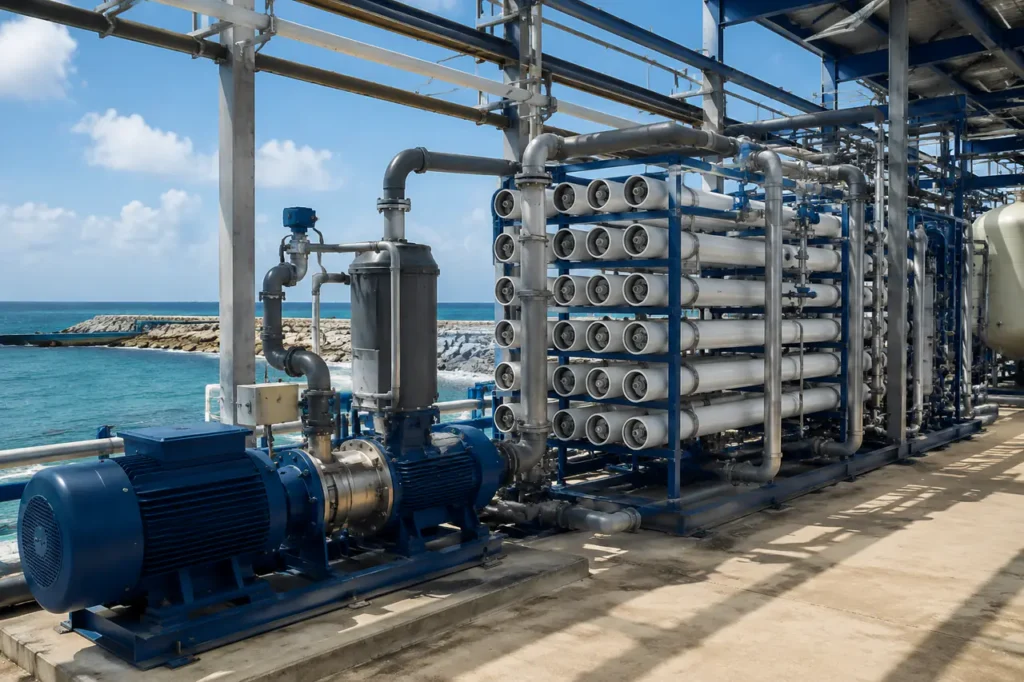 sistema industrial de osmose reversa de água do mar instalado em instalação costeira